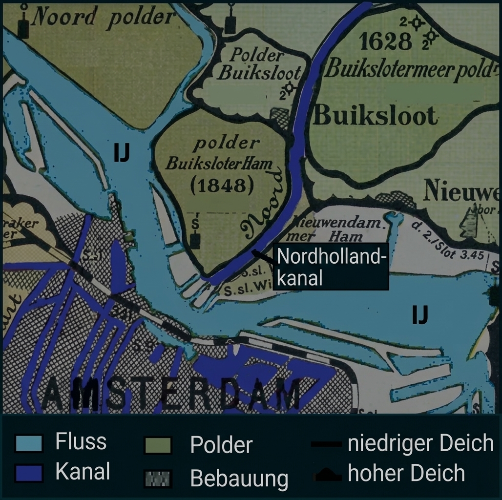Historische Karte von Amsterdam und dem IJ mit Nordhollandkanal, Poldern, Kanälen und Legende.